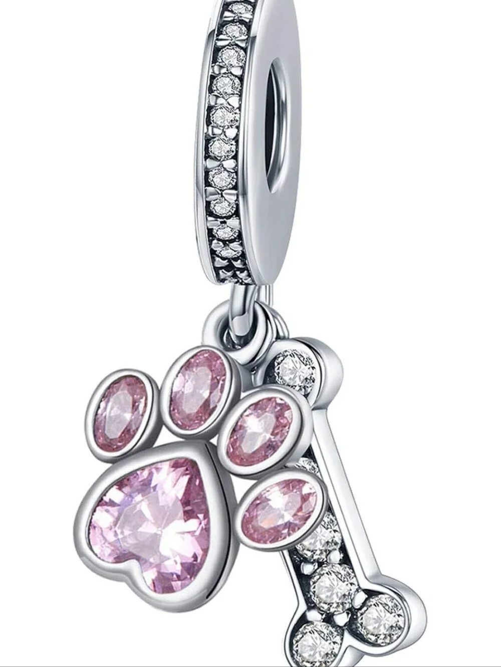 Pink Paw & Bone Dangle Charm - Silver Tone Pet Jewelry